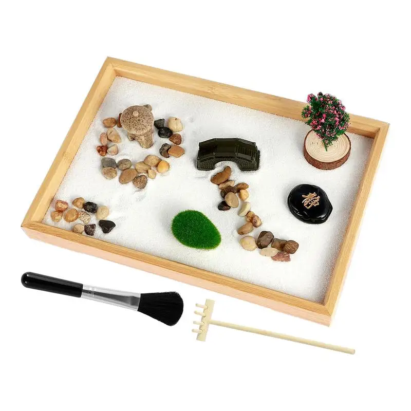 Tabletop Zen Garden Meditation Tabletop Sand Tray Mini Sandbox Japanese Style Home Decor Includes 3 Bags Sand for Desks Offices