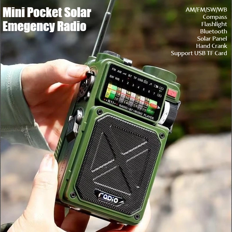 

Mini Pocket Radio Emergency Flashlight Hand Crank Solar Radio Bluetooth USB Playback TF Card AM/FM/SW/WB Compass SOS Alarm Radio