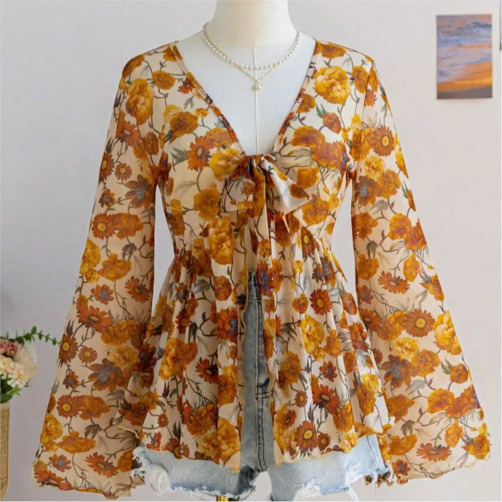 2026 Floral Print Blusas Long Sleeve Tops Camisetas Women's Clothing Retro Slim Ruffles Flared Sleeve V-link Perspective Printed