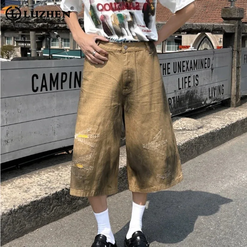 

LUZHEN American Wornout Tie-dyed Design Patched Straight Casual Cropped Trousers Men's 2025 New Street Wear Shorts Pants JY1978