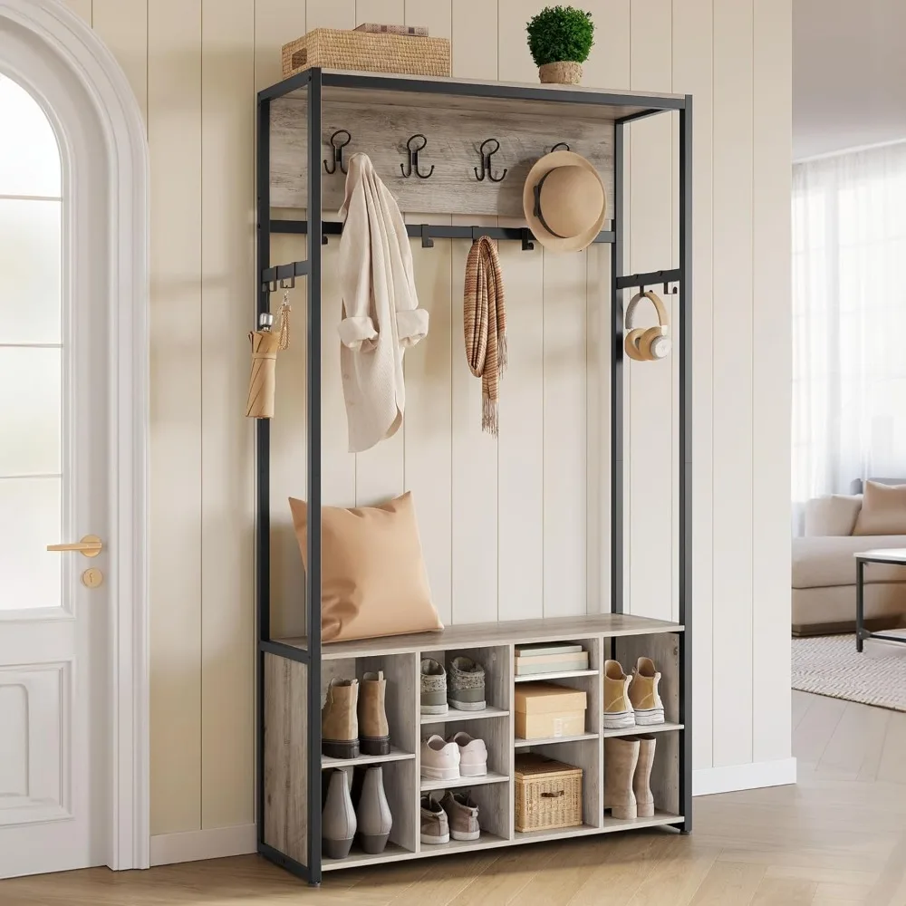 

Hall Tree with Bench and Shoe Storage, Coat Rack with Shoe Bench, Entryway Furniture, Open Compartments, Industrial Style, Spac