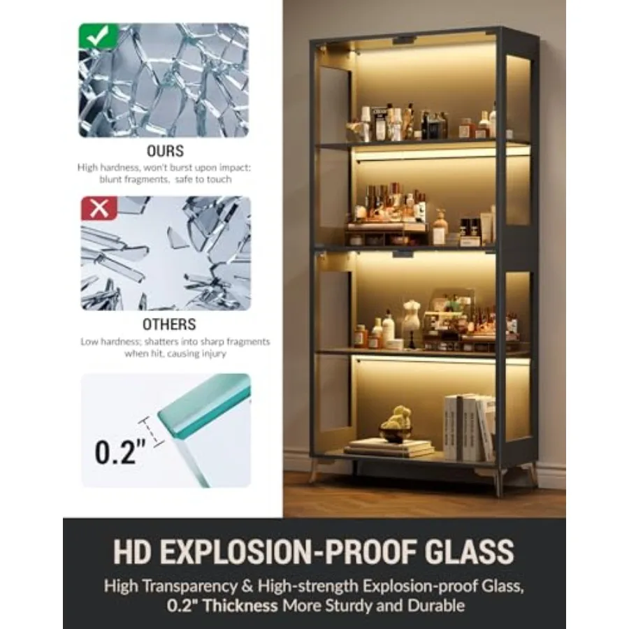 Glass display cabinet with doors for collectibles and books, black metal base, 4-tier adjustable shelves, RGB LED lights contro view 4