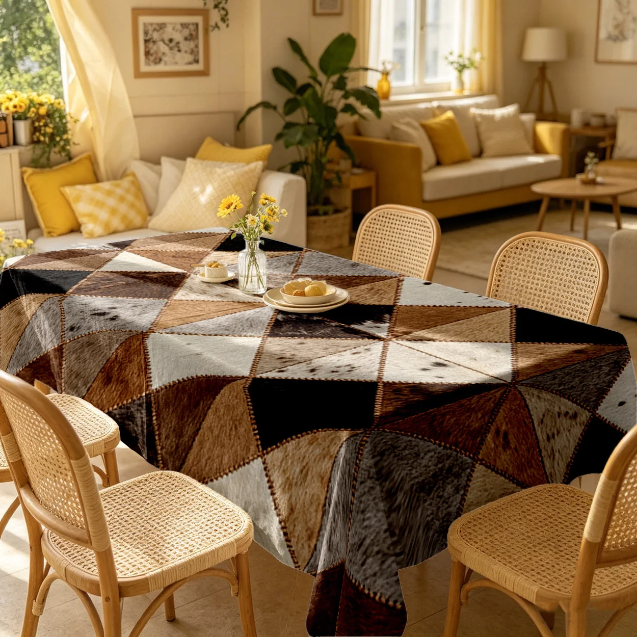 2D Flat Print Tablecloth with Geometric -Style Pattern in Brown White Black Colors, Durable for Indoor Outdoor Everyday Use, Easy to Clean, Ideal for Party Decor and Kitchen Decoration