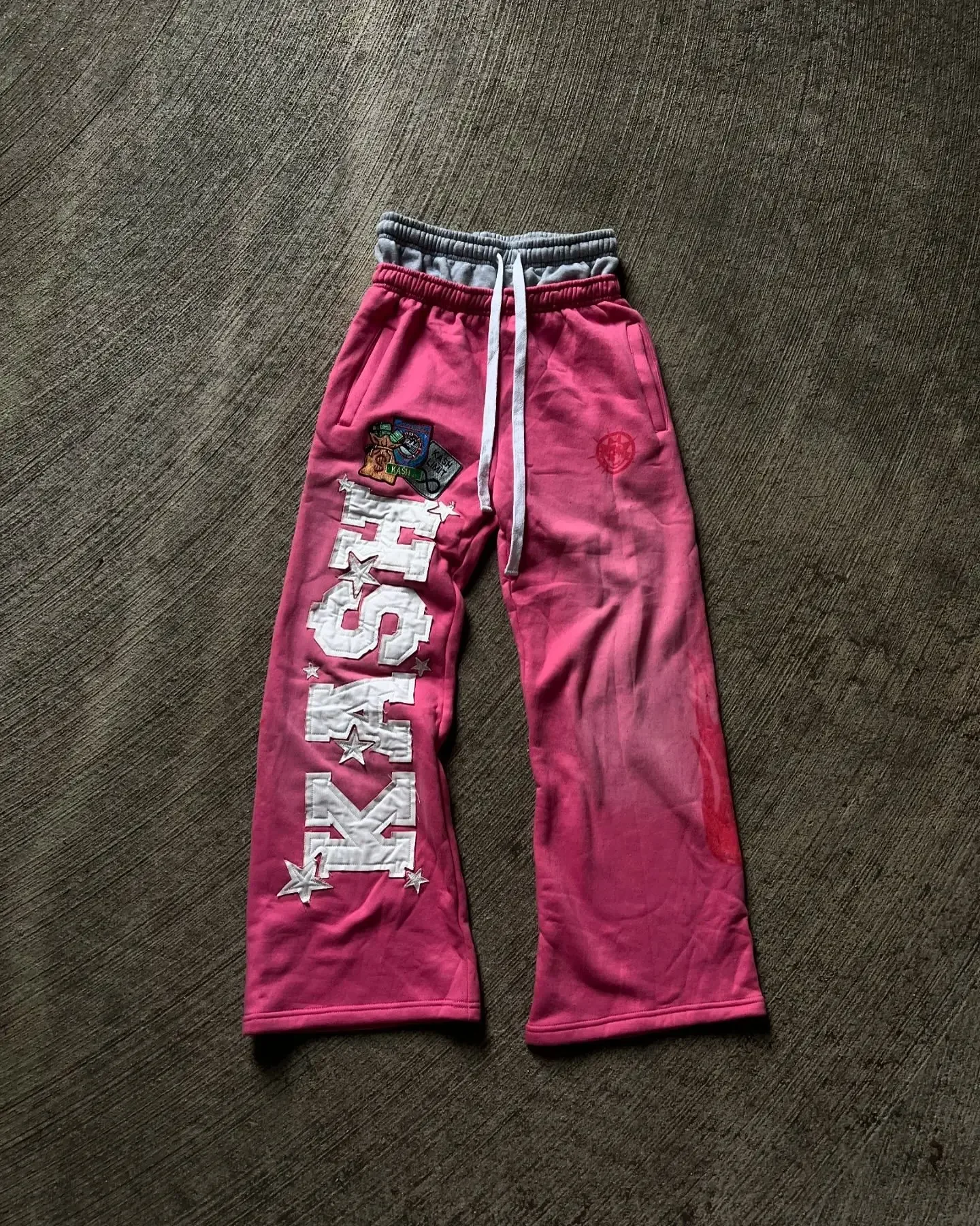 Patch Retro Baggy Pants Pink Double Layer Sweatpants Y2K Mens Womens Gothic Hip Hop Letter Casual Elastic Waist Jogging Pants