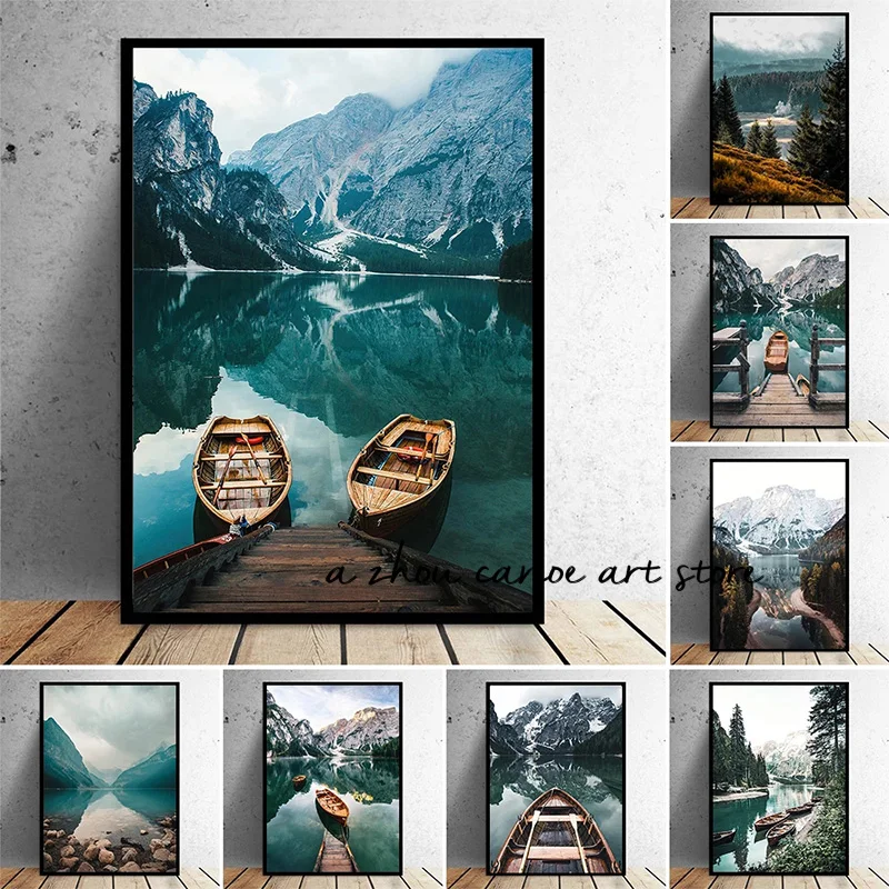 Forest Elk Snowing Lake Boat Nature Snow Mountain Landscape Animal  Art Posters Canvas Painting Wall Prints Pictures Home Decor