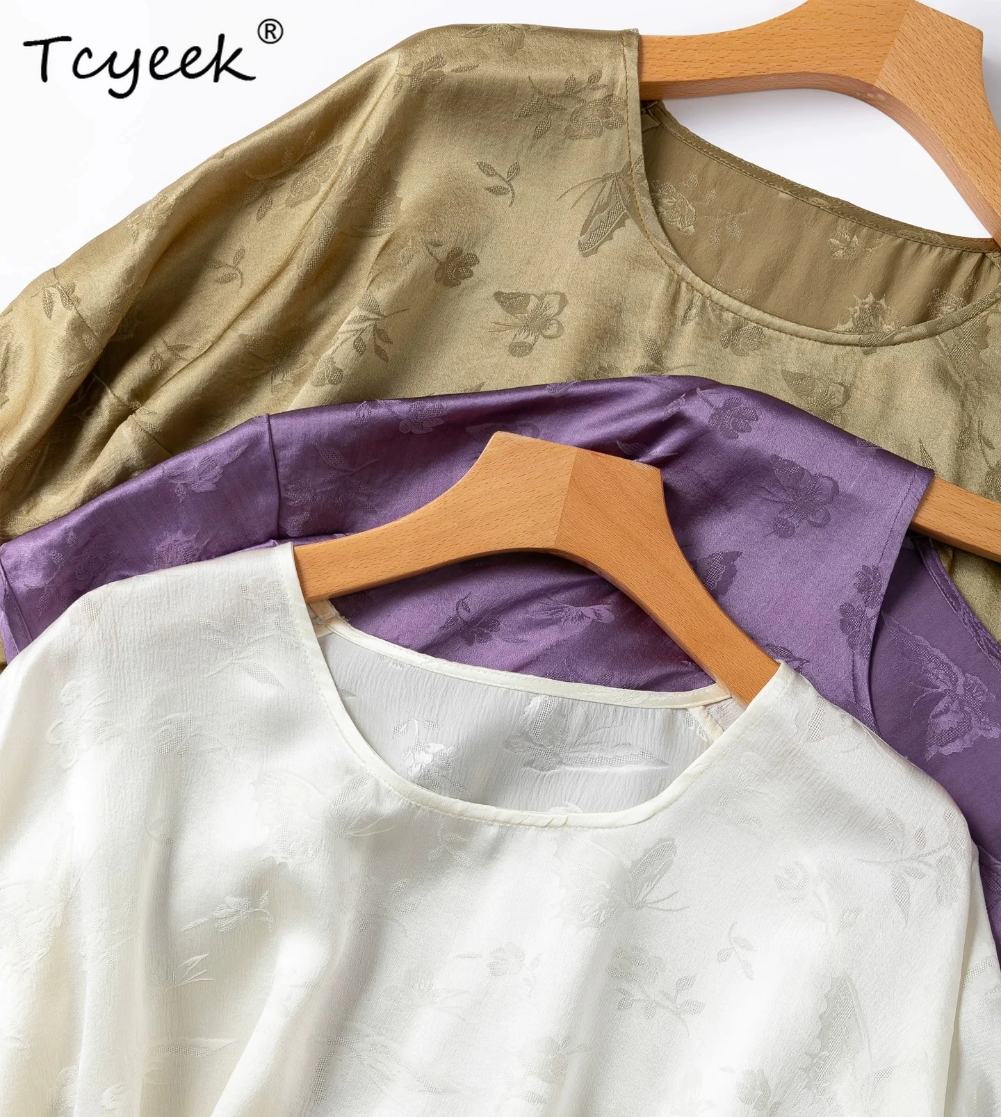 

Tcyeek 100% Mulberry Silk T-Shirt Summer Clothes Short Sleeves Fashion Ladies Tops Jacquard Elegant T-shirts Women Топ Женский