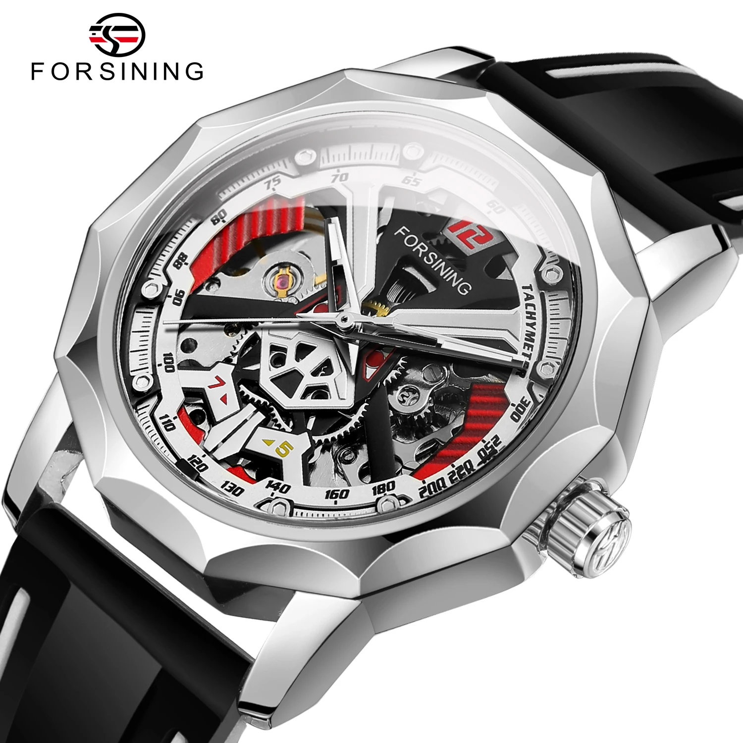 FORSINING Luxury Men's Watches Polygon Case Skeleton Mechanical Manual Movement Luminous Waterproof Silicone Strap Trendy Clock