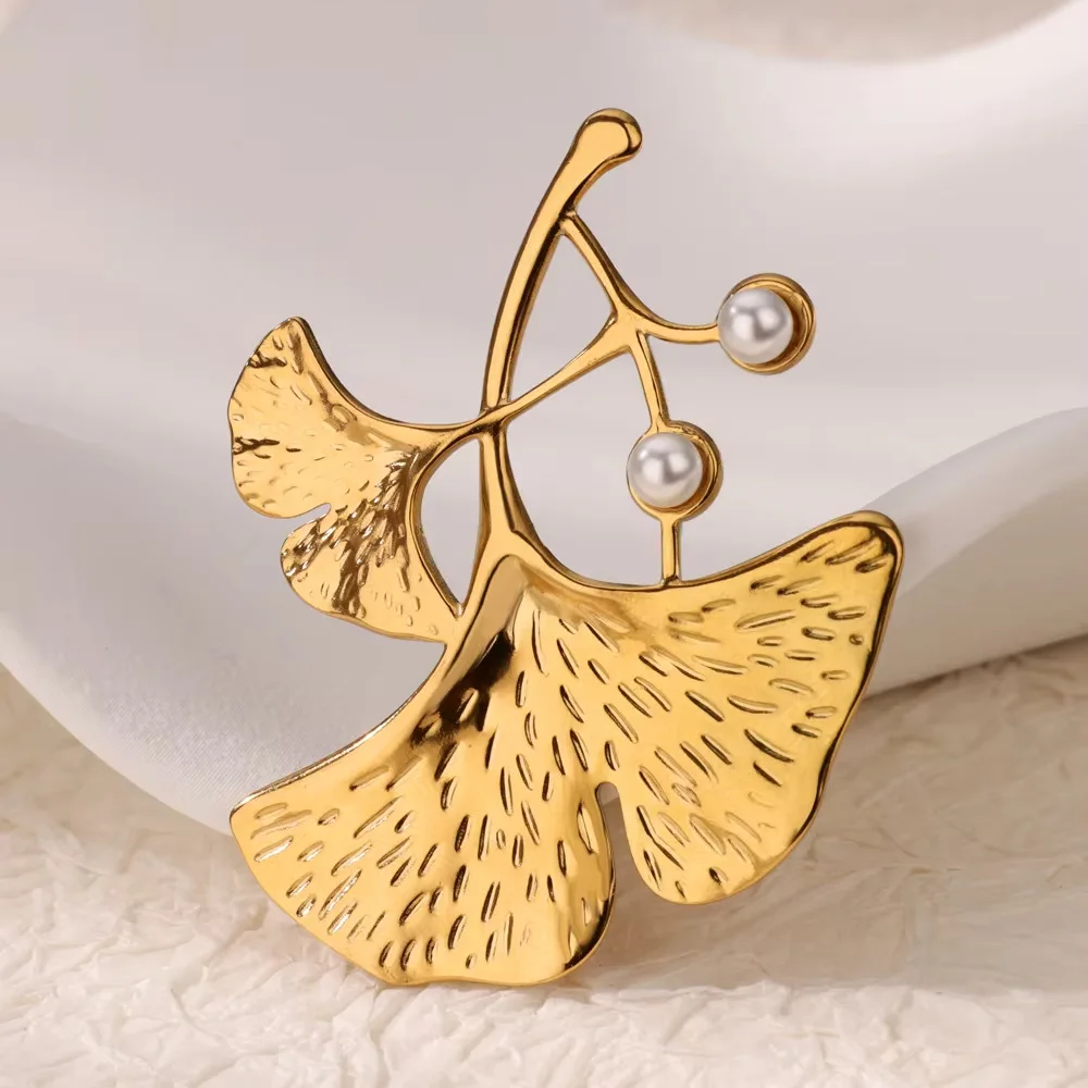 Stainless Steel 18k Gold PVD Plated Ginkgo Leaf Brooch Pin Clothes Accessories Waterproof 2025 Texture Charm Jewelry For Women