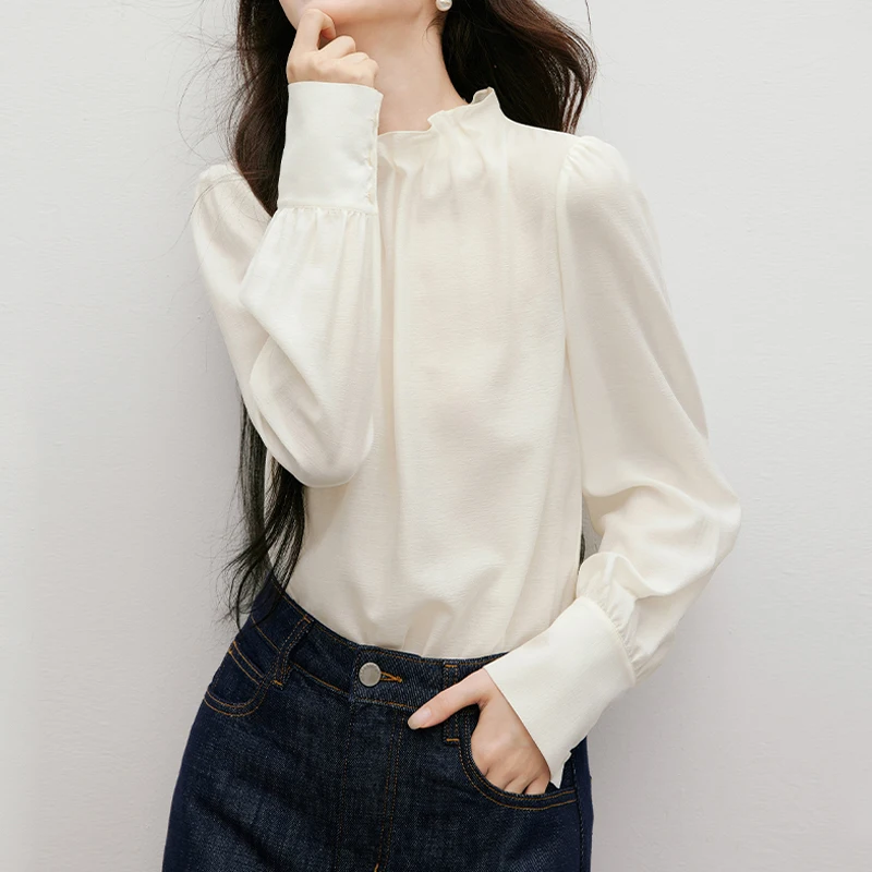

Винтажная элегантная шифоновая блузка для зрелых женщин с длинным рукавом, весна-осень, офисные женские топы с оборками, рубашки, корейская мода, белый, серый цвет