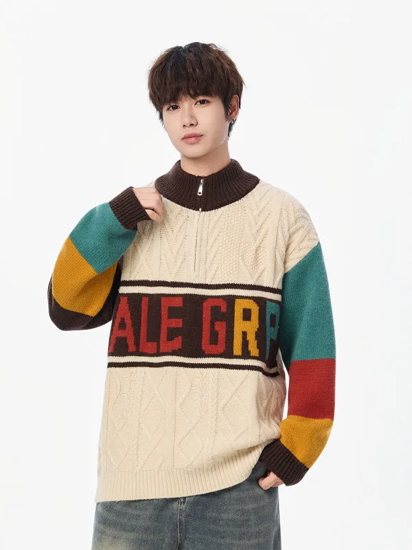 

Мужской вязаный свитер в стиле ретро с цветными блоками, свободного кроя, с буквенным принтом, на молнии, модный, повседневный, из полиэфирного волокна