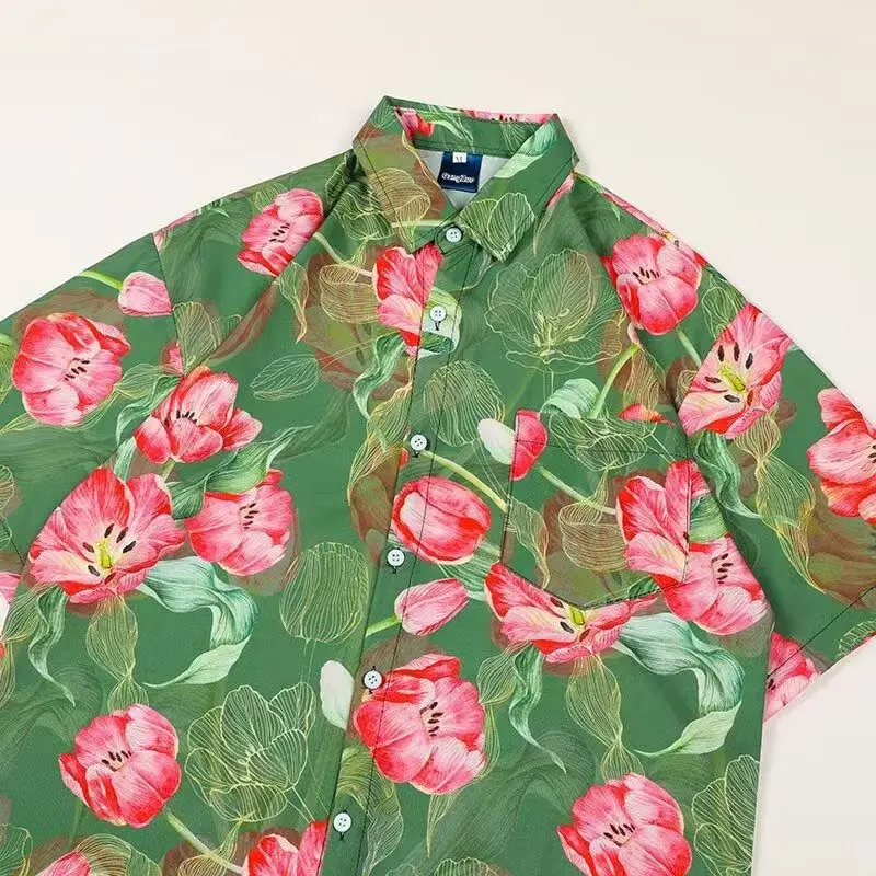 Netherlands Style Tulip Print Shirt Men's Hawaii Tropical Style Short Sleeve Camisa Korean Summer Shirts Women Casual Tops 2025