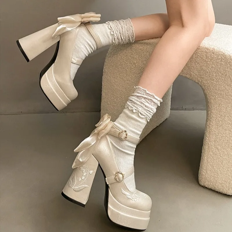 

Women Lolita Pumps Elegant Silk Embroidery High Heels French Heeled Single Shoes Women's Platform Mary Jane Shoes Zapatos Mujer
