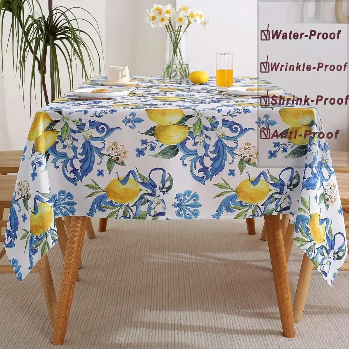 Summer Lemon Flower Rectangle Waterproof Tablecloth Party Decor Washable Farmhouse Kitchen Dining Tablecloth Wedding Decorations