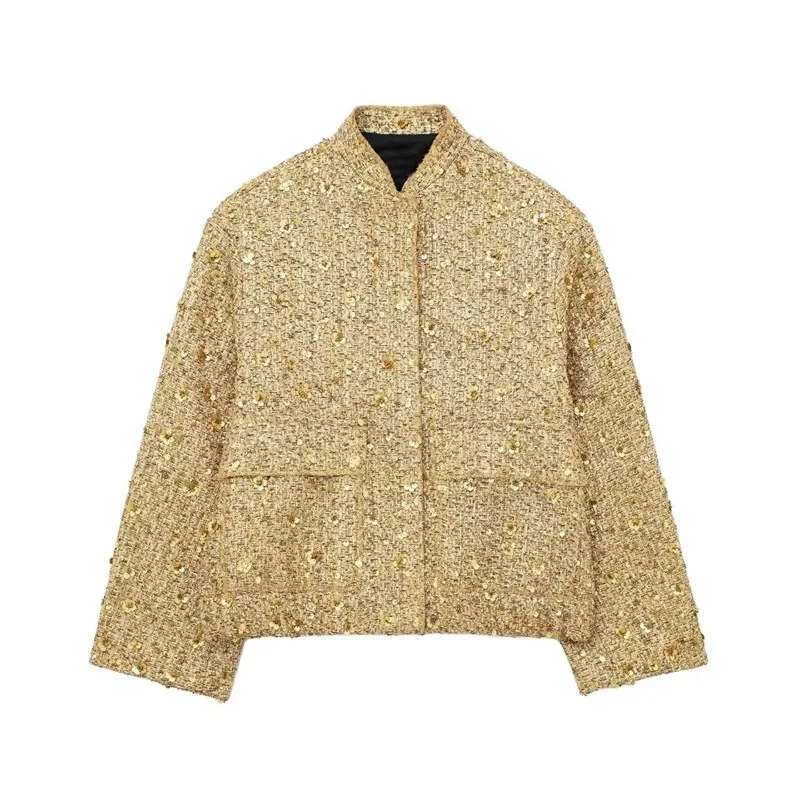 

Tinaa Gold Sequins Jackets for Women 2025 Autumn Winter Luxury Tweed Button Down Long Sleeve Elastic-hem Party Coats 195129
