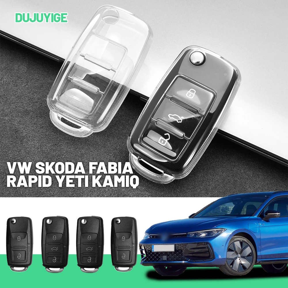 Clear TPU Car Key Case For VW Skoda Fabia Rapid Yeti Kamiq Roomster Felicia Citigo Key Fob Cover Protector Shell Auto Accessorie