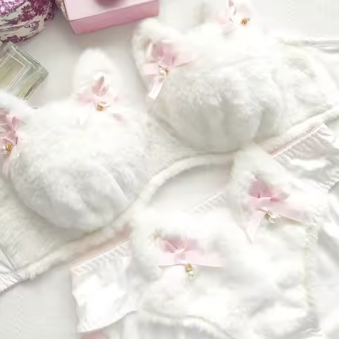 193D Funny Cats Underwear Set Faux Furs Bra Top and Panty Plush Lingerie Set Women