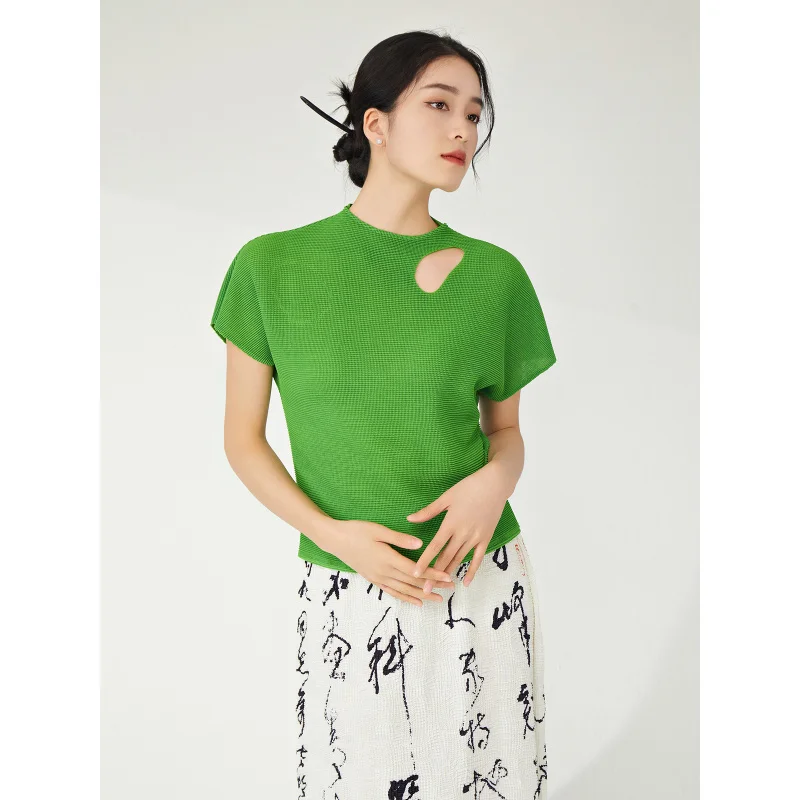 มิยาเกะพรีเมี่ยมสไตล์ฤดูร้อนสีทึบหลวมและเรียบง่ายอเนกประสงค์กระดูกไหปลาร้าบุคลิกภาพเสื้อยืดด้านบน [24716zsj-1048C]