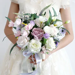 YeeNanee Rustic Wedding Bouquet for Bride White Pink Handmade Artificial Flowers Bridal Bouquet for Boho Wedding Ceremony Decor