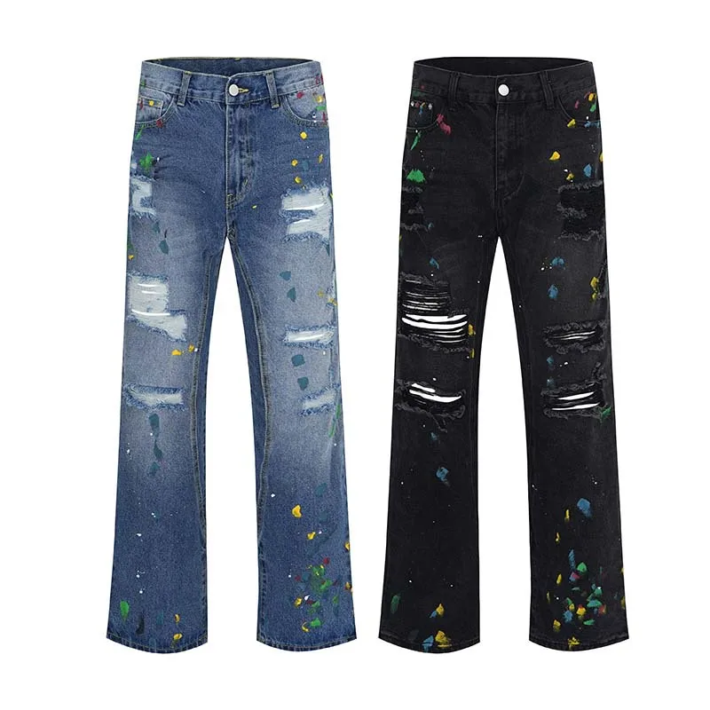 Jeans décontractés déFlexpour hommes et femmes, pantalons en denim vintage, capris fjCargo, micro trou en lambeaux, encre mouchetée, été 2023