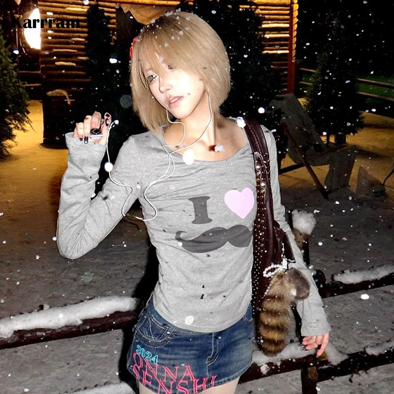 Karrram T-shirt con stampa barba giapponese Y2k T-shirt grigia a maniche lunghe Harajuku vintage stile coreano anni 2000 streetwear americano retrò