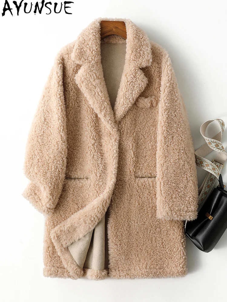 AYUNSUE 100% Natural Wool Coats for Woman Fashion Mid Length 2025 Winter Lamb Fur Jacket Woman Clothes High Quality Abrigo Mujer