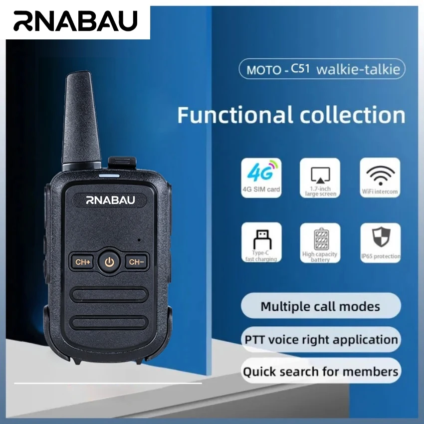 Rnabau C-51 Walkie Talkie Portable Two-Way Radio 16 Channels UHF 400-470MHz Walkie-talkies Radio Walkie Talkie Long Range COD