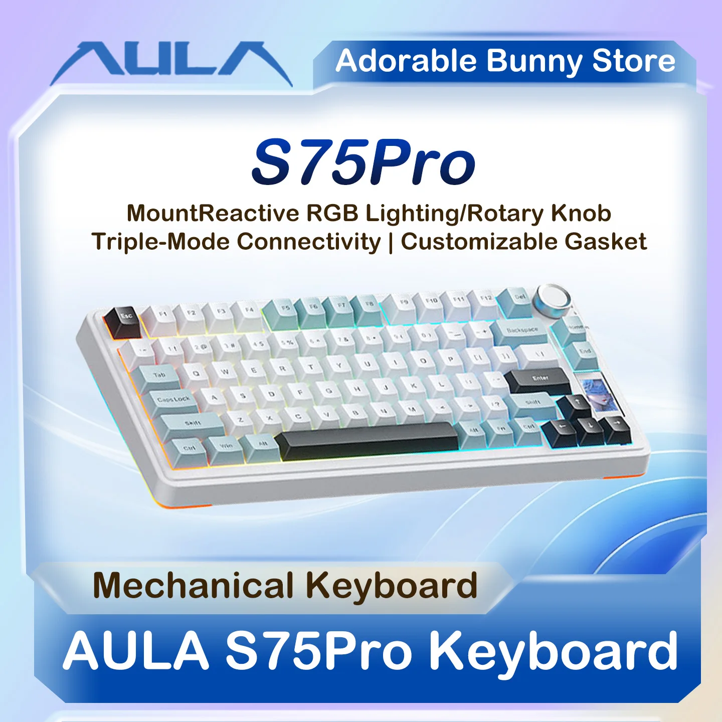 AULA S75 Pro Tri-mode Mechanical Keyboard 75% TFT Screen Knob Hot Swappable Gasket RGB PBT Keycap 4000mAh For PC Mac