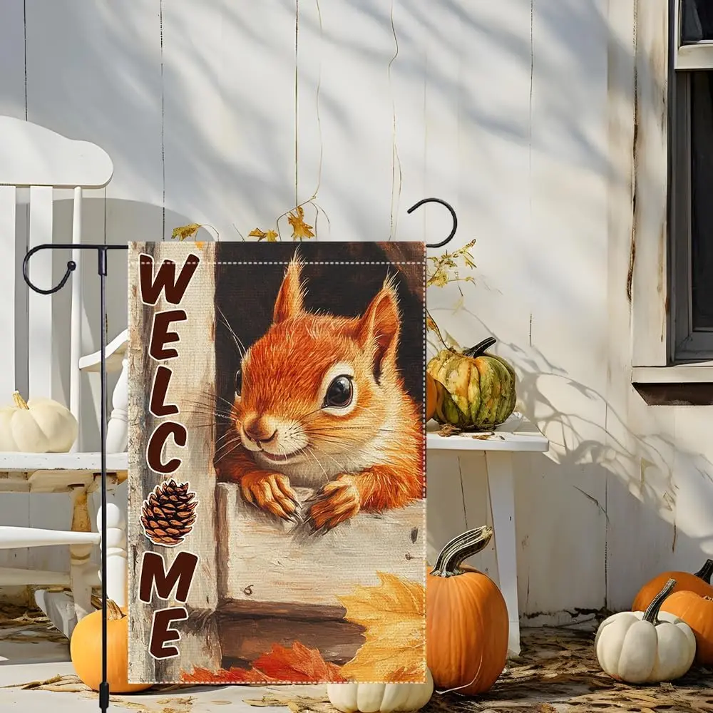 Fall Garden Flag, Welcome Garden Flags Double Sided Small Burlap Autumn Squirrel Tree House Maple Leaf Pinecone Farmhouse Ho LLE