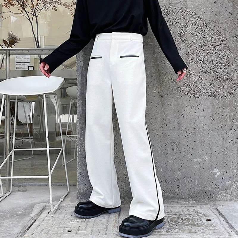 Thickened Men Trousers Men New Loose Straight Wide Leg Pants Tide Autumn Winter 2022 Chic Spliced Design Tweed Long Pants