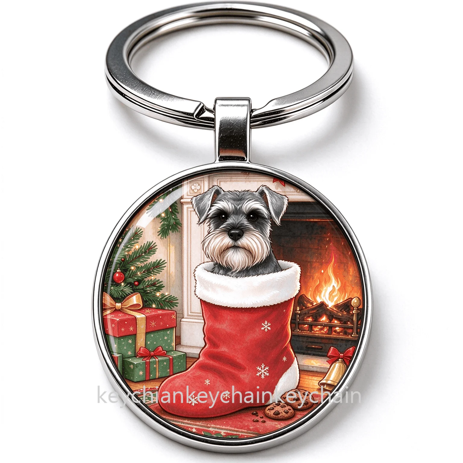 Christmas Schnauzer Dog Key Chain Round Keyring Cute Puppy Christmas Holiday Present for Pet Fans