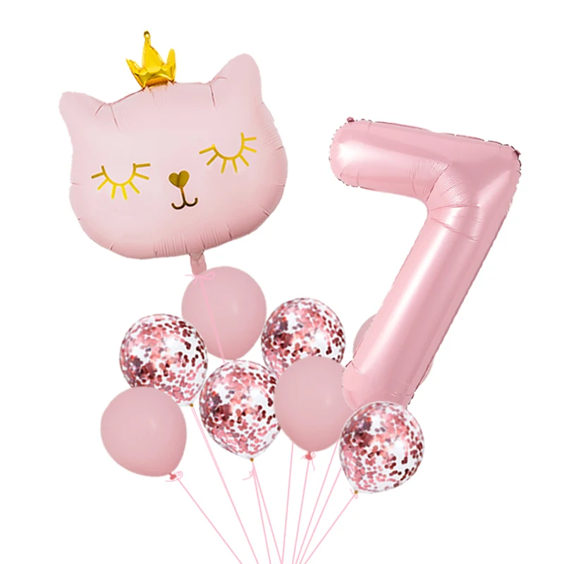Rosa Krone Katze Folien-Zahlenballons Cartoon-Tier Wimpelkette Set Mädchen Happy Birthday Party Dekorationen Kinder Babyparty Geschenk – Detail 13