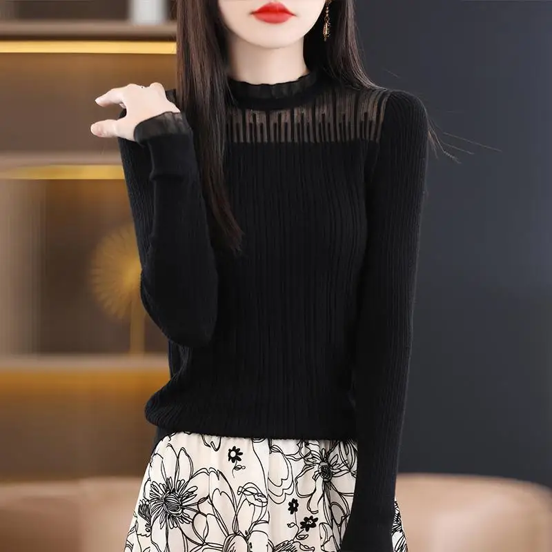 Women\'s Spring and Autumn Fashion Solid Color Half High Neck Lace Hollow Versatile Long Sleeve Slim Fit Sweater Knitted Tops