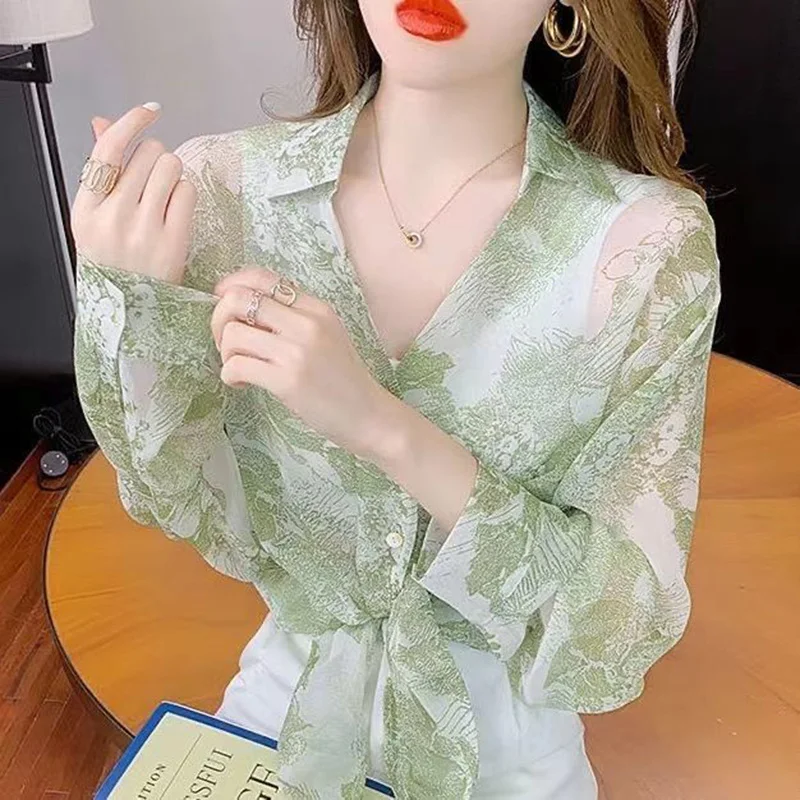 Stylish Lapel Button Printed Bandage Chiffon Shirt Women\'s Clothing 2023 Spring Summer New Casual Tops Loose Office Lady Blouse