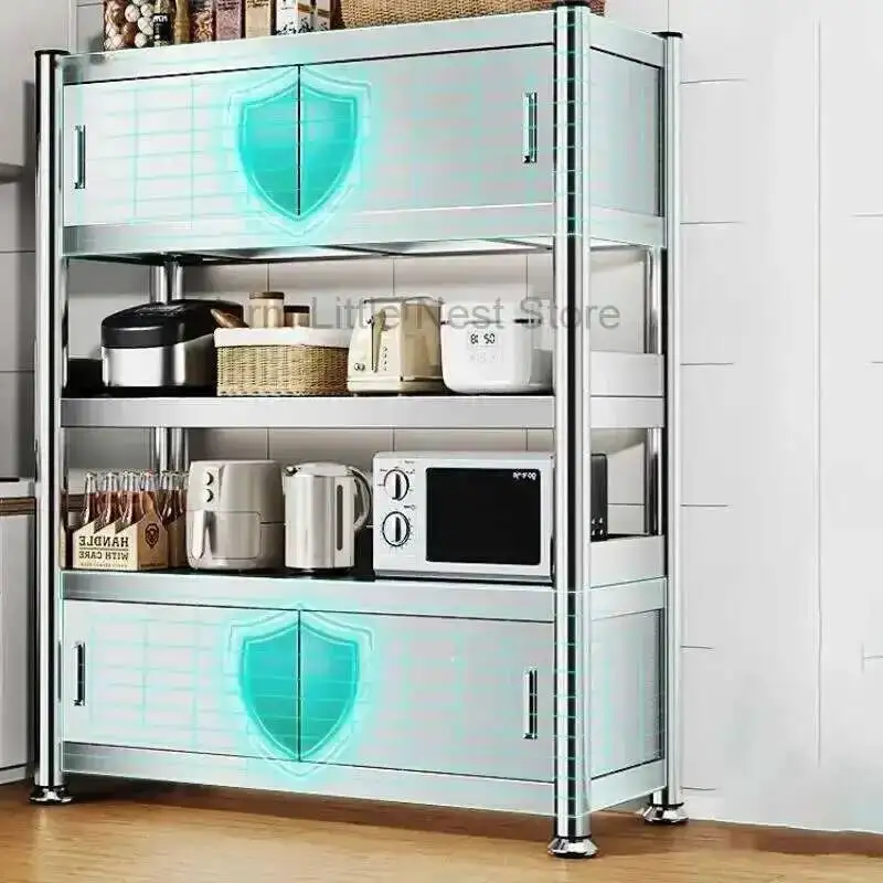 

with Kitchen Cabinets Stainless Door Steel Floor Multi-layer Sliding Door Cabinet Storage Racks Multi-functional Home Furniture