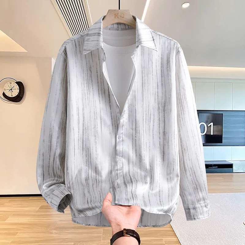 Light Luxury Satin Long Sleeved Shirt for Men's Retro Elegance Loose Casual Shirt Celebrity Banquet Costume Men Clothing M-4XL