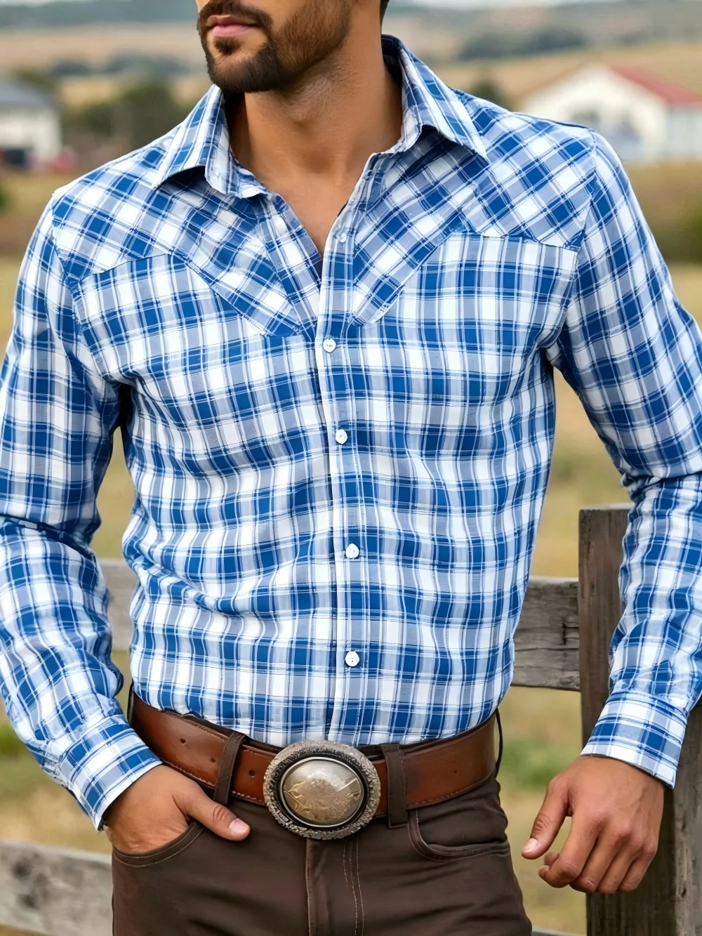 Men's Casual Checkered Print Long Sleeve Button-Down Shirt Western Shirt