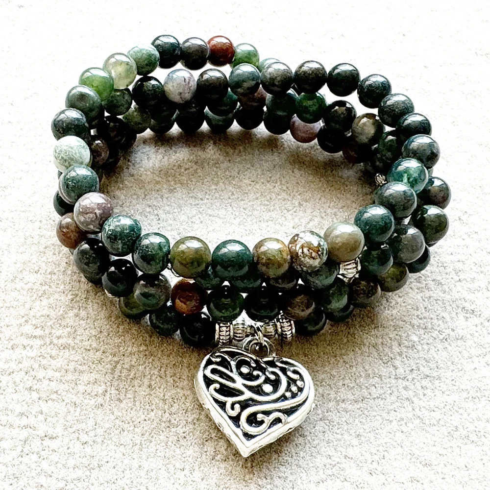 MG2310 6 MM Indian Agate Heart Charm 108 Mala Bracelet Womens Natural Gemstone Handmade Yoga Wrist Balance Jewelry