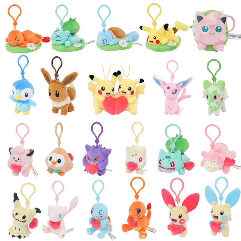 

Original Pokemon Eevee Keychain Peluche Toy Cute Snorlax Mew Clefairy Stuffed Animal Keyring Plush Mimikyu Snom‌‌ Pendant Dolls