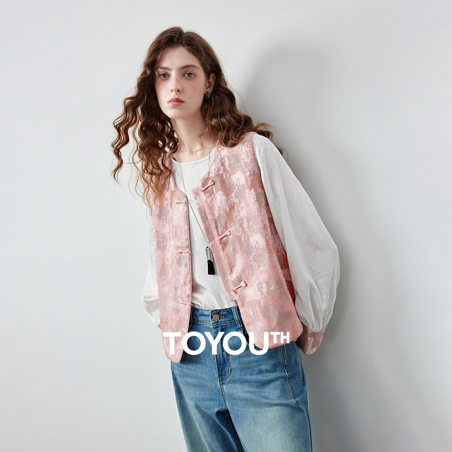 TOYOUTH Women's Jacquard Satin Vest 2026 Autumn New Frog Button Sleeveless Cropped Layered Casual Elegant New Chinese Style