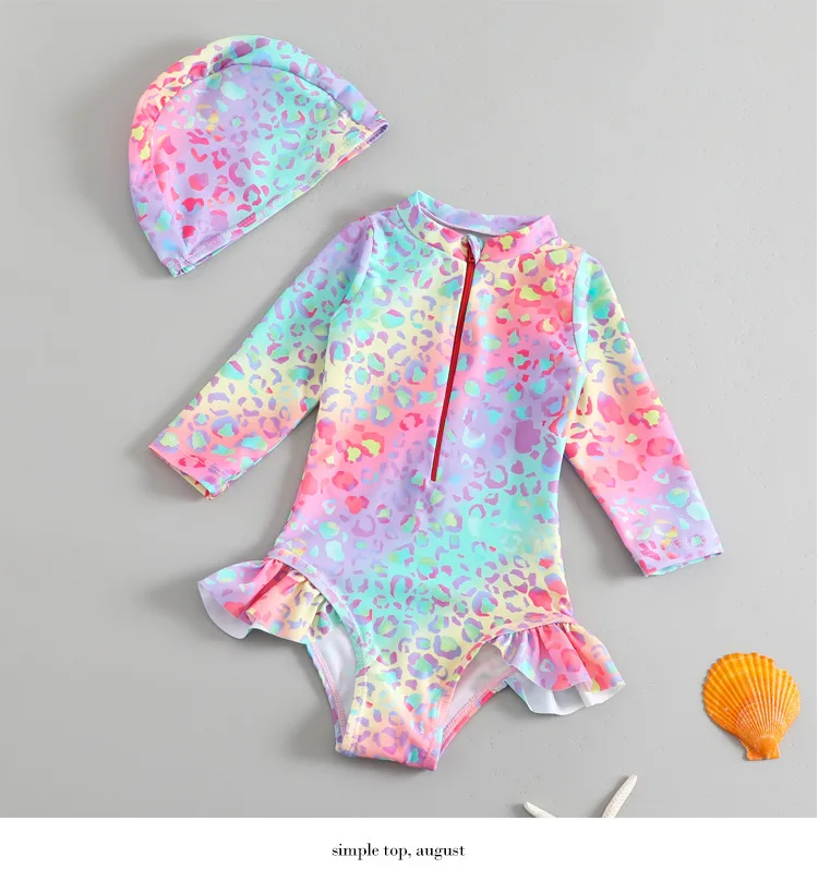 

Girl's One-Piece Long-sleeved Swimsuit Leopard Print Swimwear with ruffles decoration Beach Sun Protection Bathing Suit