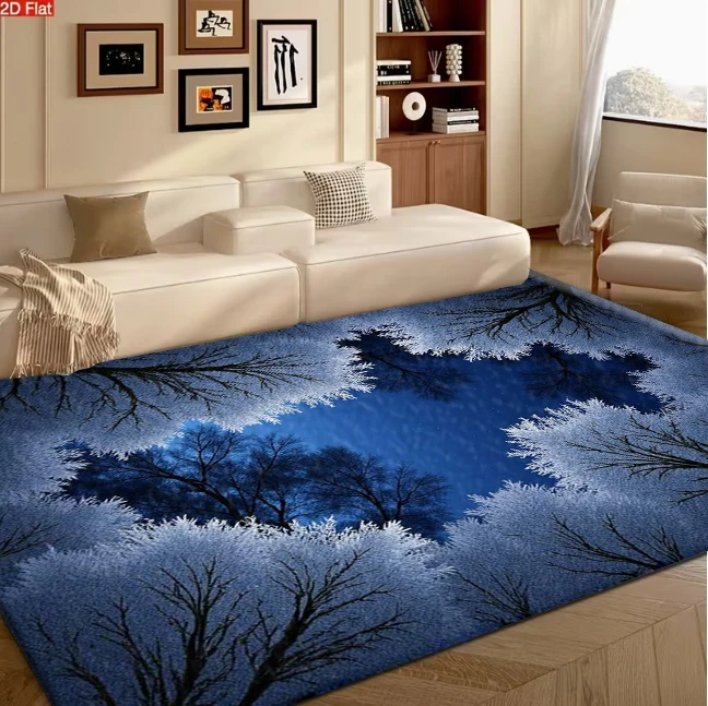 Frosted Winter Forest Night Starry Sky Landscape carpet flooring, Cool Tone Snow-Covered Tree Scenery Print Area Rug for Living Room Bedroom Home Interior