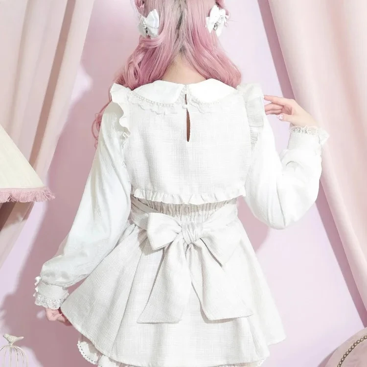 

Japanese Sweet Autumn Winter Princess Long Sleeve Dress Exquisite High Waist Bow Lace Slim Dresses and Shorts Two-Piece Set