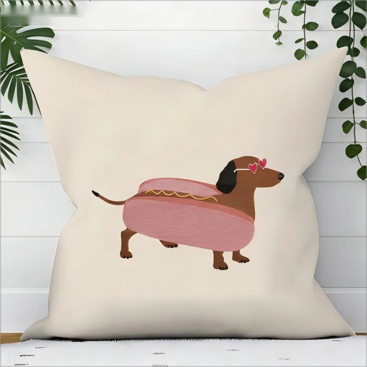 Cute Hot Dog Dachshund Pillow Cover Funny Wiener Dog in Sunglasses Print Beige Cushion Case for Sofa Bed Couch Home Decor