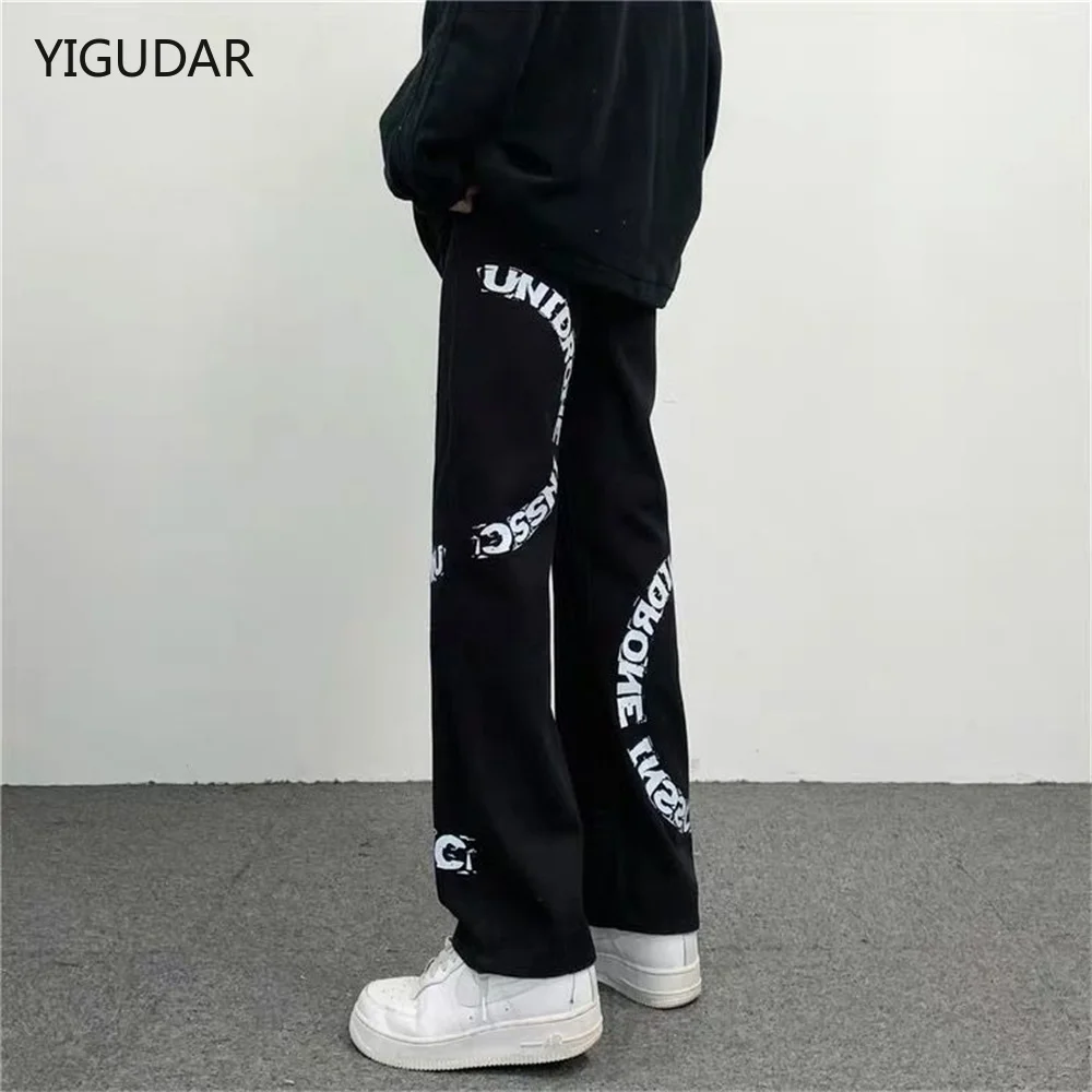 

American Hip Hop Skateboards Jeans Streetwear Letter Embroidery Straight Denim Trousers Men Clothing Harajuku Casual Cargo Pants