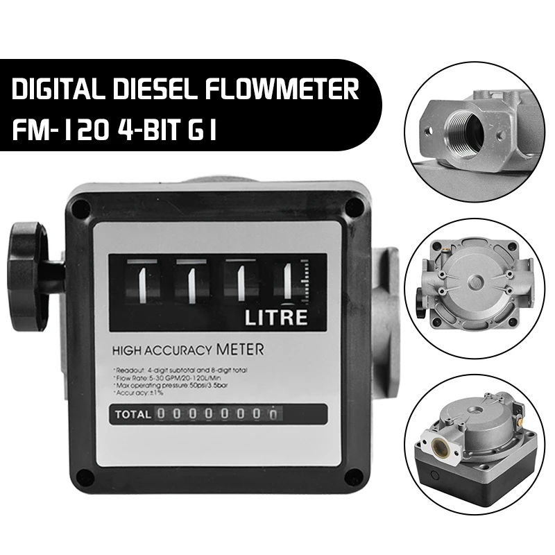 FM-120 4 Digital Gasoline Fuel Petrol Oil Flow Meter 20-120L/Min for Diesel Fuel Oil Flow Sensor Counter Gasoline Meter Display