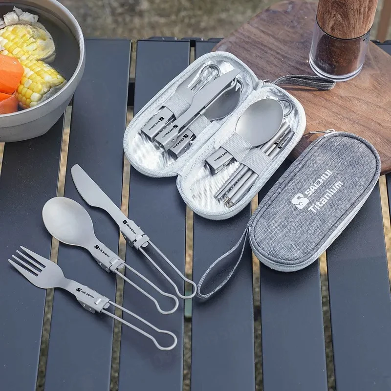 Pure Titanium Outdoor Portable Multi-functional Fork Spoon Camping Chopsticks Folding Tableware Alloy Utensils for Hiking