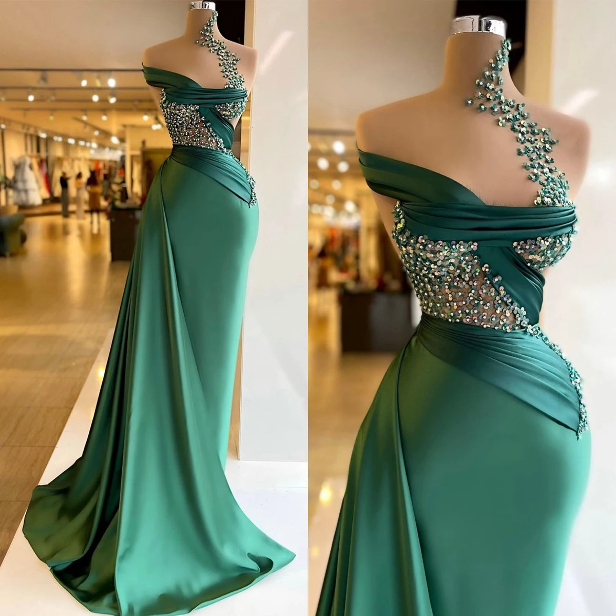 Robe de Soirée en Satin à Paillettes de Forme Sirène, Tenue de Bal à la Mode, Dos aux, sur Mesure