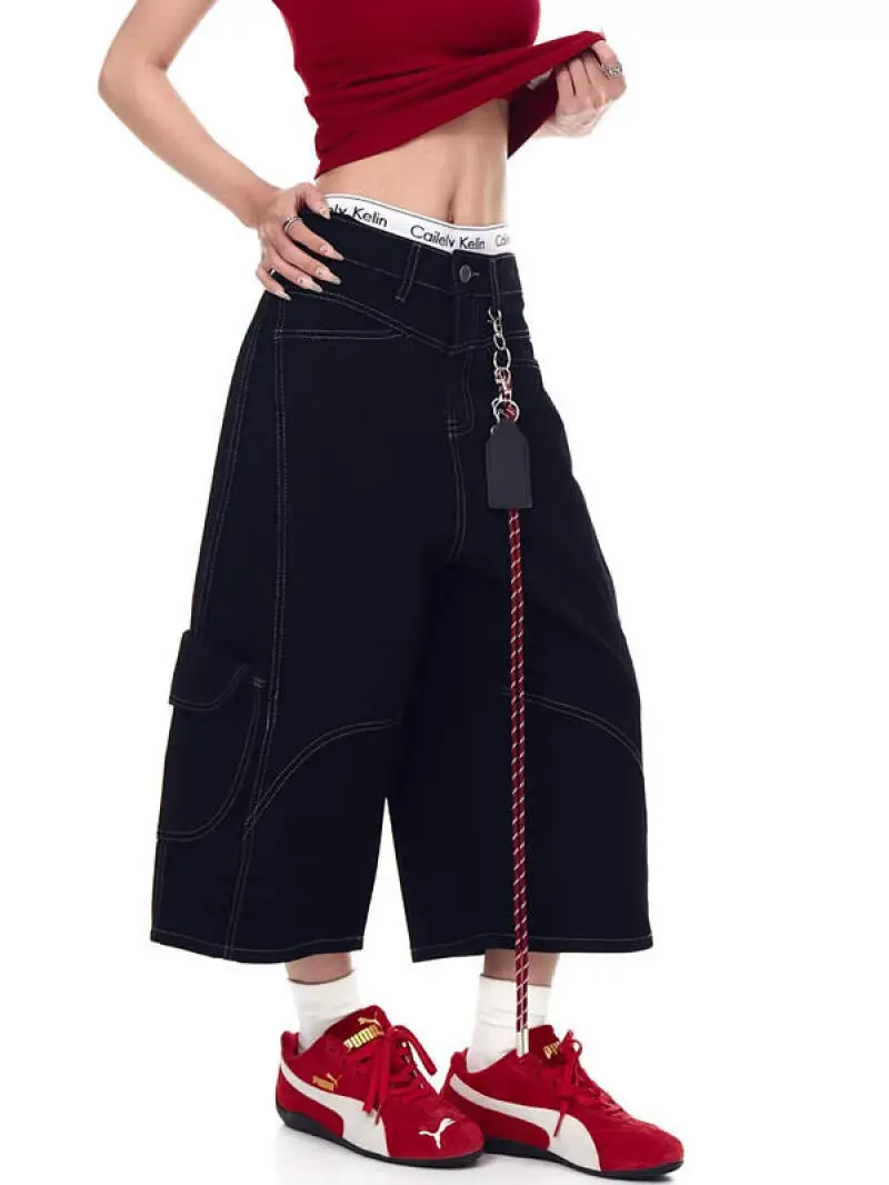 

Y2K American Washed 7 Point Jeans Casual Loose Straight Wide Leg Cropped Pants Summer for Women