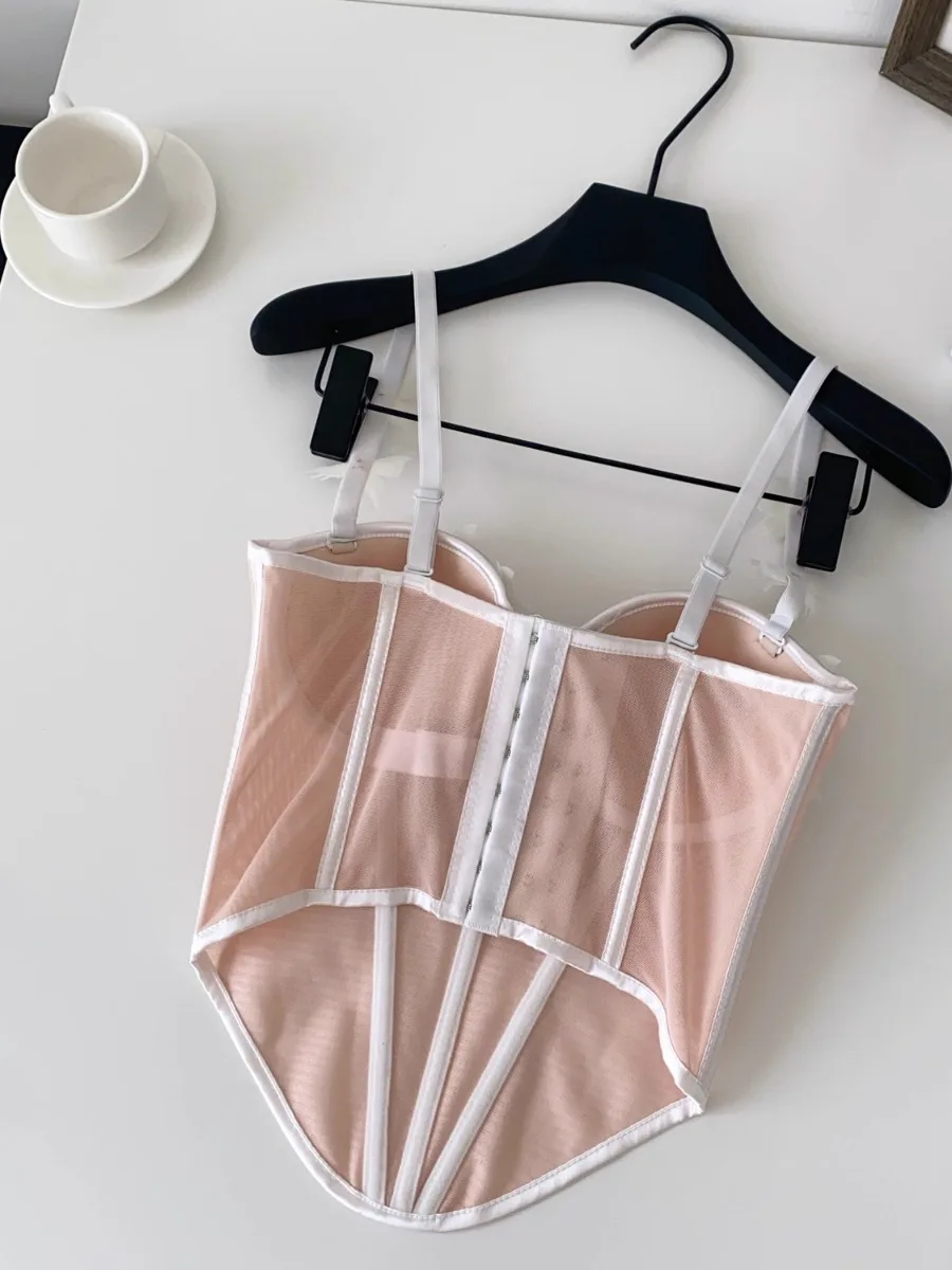 Foamlina Trendy Mesh Fishbone Farfalla Corsetto a fascia Top Donna Vintage Francese Romantico Estetico Ragazza Crop Top Vest Camis