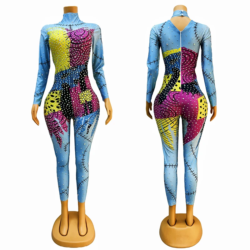 Full Rhinestones Colorful Graffiti Jumpsuit Women Jazz Gogo Dance Costume Bar Nightclub Ds Dj Party Stage Festival Wear XS7358